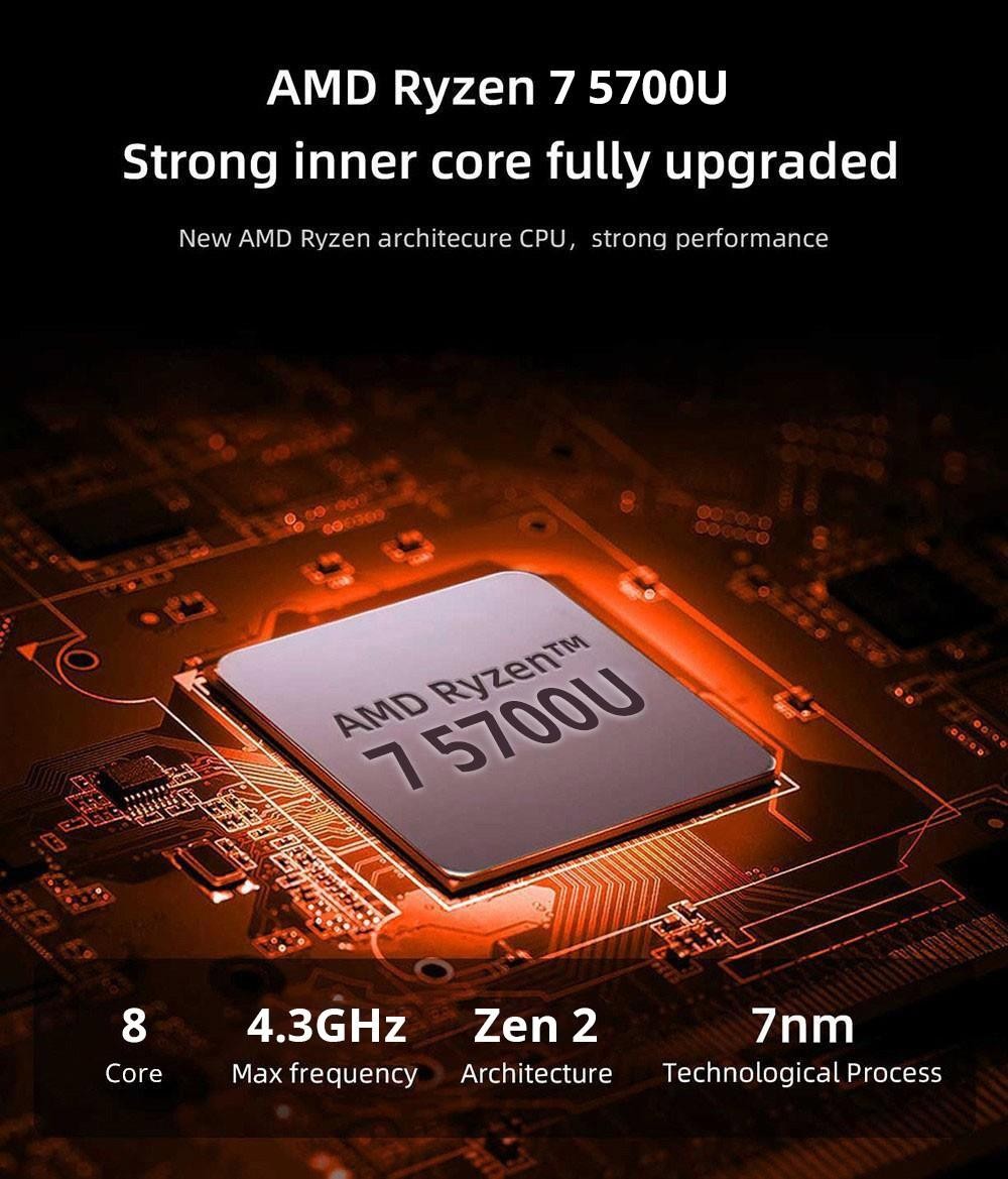 OUVIS AMR5 Mini PC, AMD Ryzen 7 5700U 8 jadier až 4.3GHz, 16GB DDR4 512GB SSD, trojitý displej HDMI+DP+Type-C 4K 60Hz, 4xUSB 3.0 1000Mbps LAN WiFi5 Bluetooth4.2, Windows 11 Pro, Auto/Silent Eco/Performance -EU