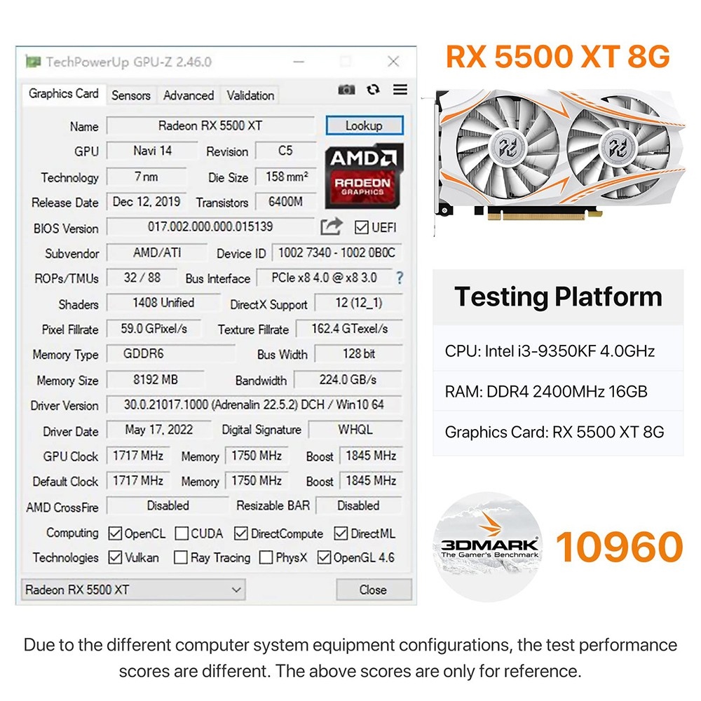 PELADN RX5500XT 8GB Gaming Graphics Card, 8Pin GDDR6 128Bits, Dual-Fan, PCI Express 4.0, 3xDP 1xHDMI - White