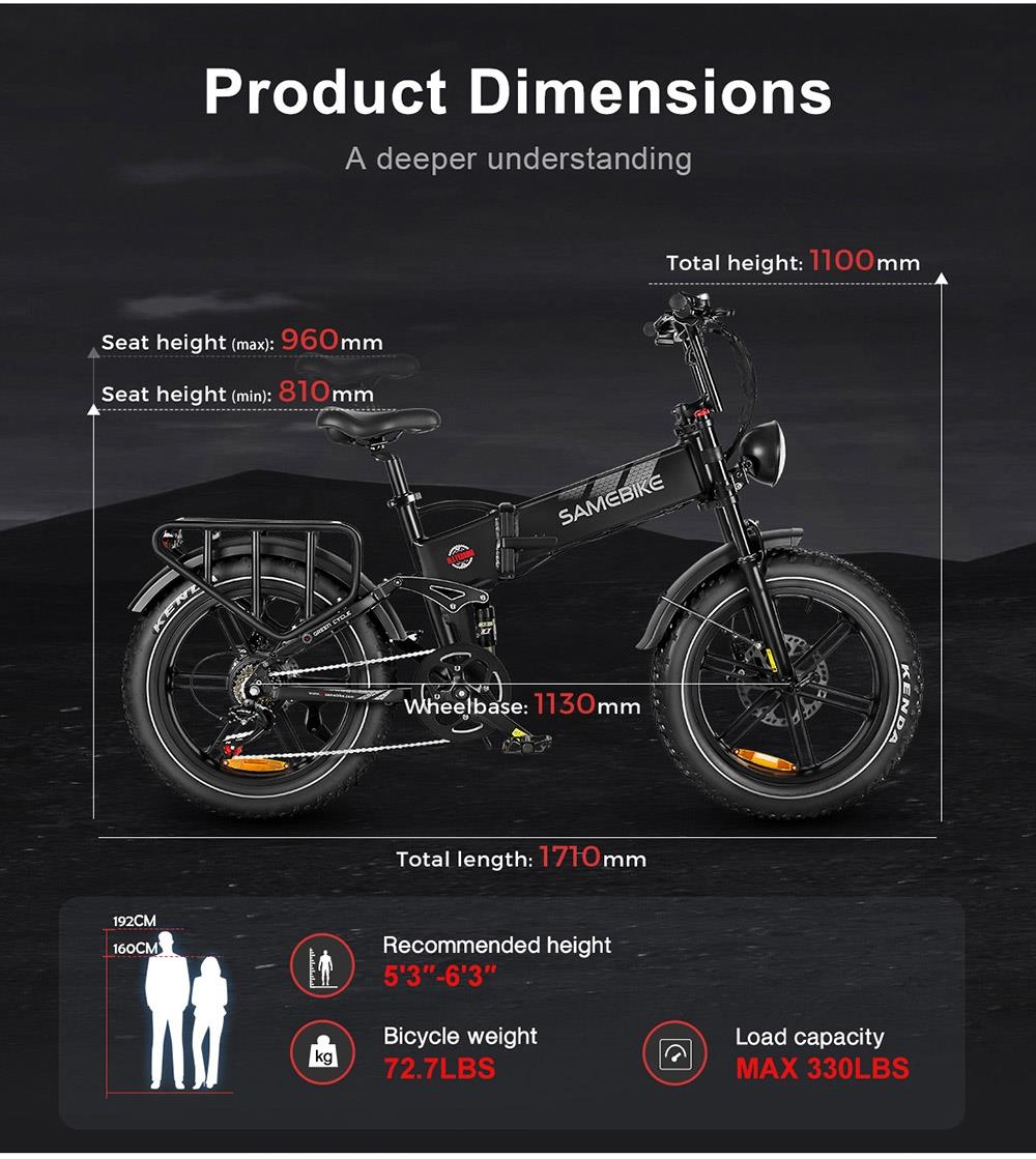 SAMEBIKE RS-A02 Elektrobicykel, skladací terénny e-bike, 20*4 palcová tučná pneumatika 48V 17Ah batéria 1200W motor 45km/h max. rýchlosť 120km max. dojazd Shimano 7 rýchlostí Hydraulické kotúčové brzdy - čierne