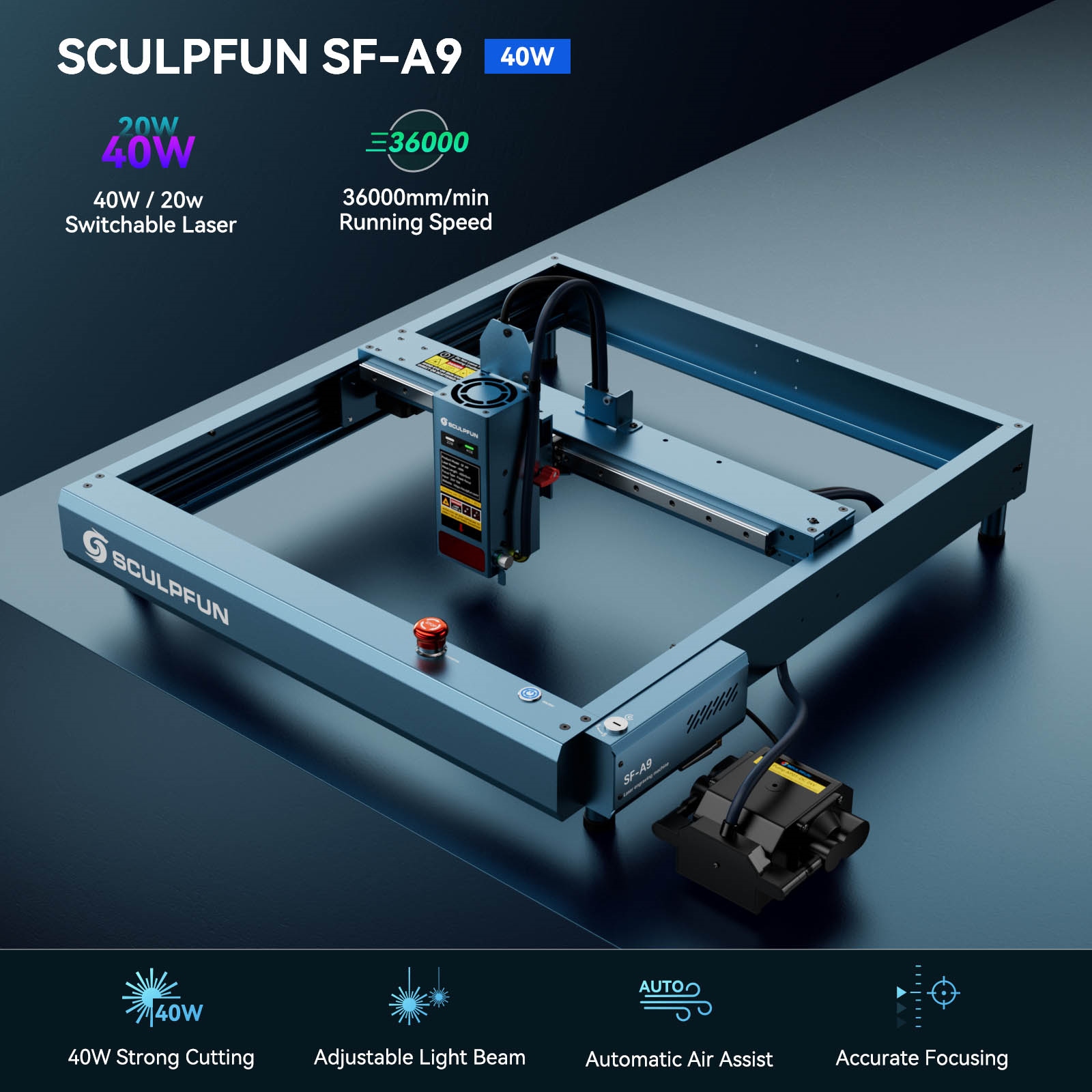 SCULPFUN SF-A9 Laserová gravírovacia fréza, prepínateľný výkon lasera 40W/20W, automatický vzduchový asistent, rýchlosť gravírovania 36000mm/min, presné zaostrovanie, pripojenie WiFi/Bluetooth, 400x400mm - zástrčka EÚ