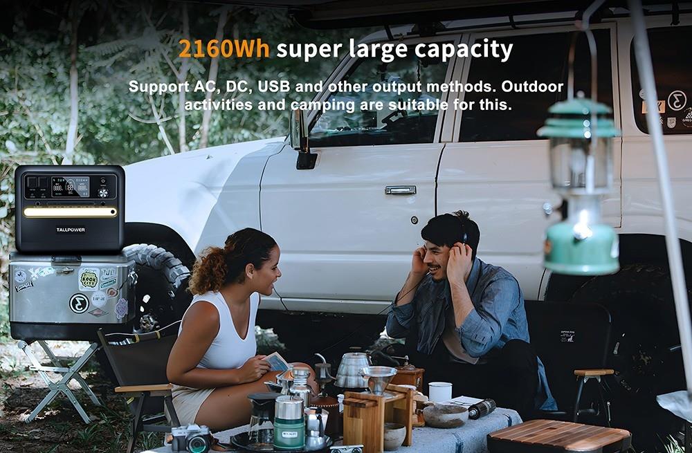 TALLPOWER V2400 Portable Power Station, 2160Wh LiFePo4 Solar Generator, 2400W AC Output, Adjustable Input Power, PD 100W USB-C, UPS Function, LED Light, 13 Outputs - Grey