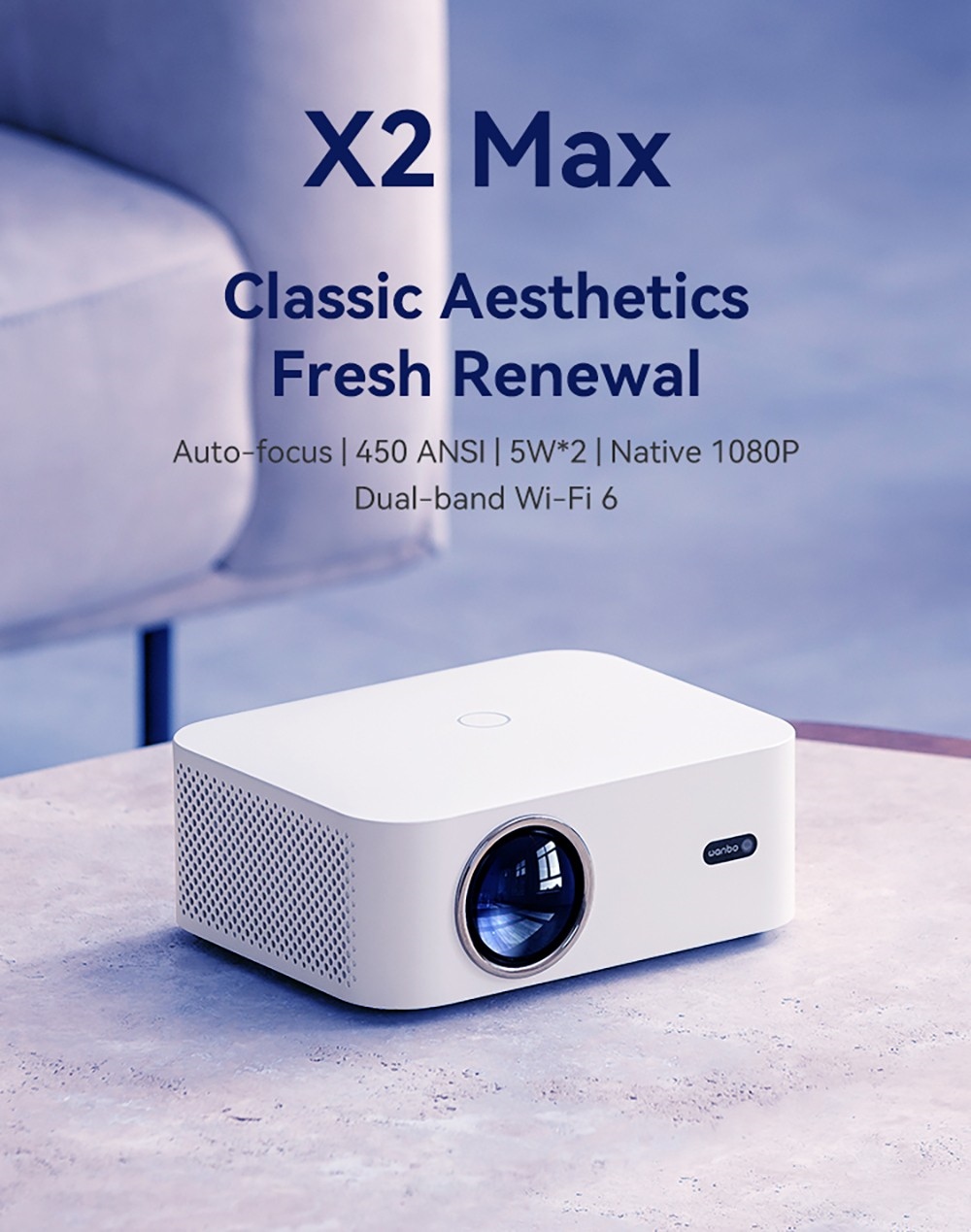 Projektor WANBO X2 Max, 1080P, Android 9.0, Dual-Band Wifi 6, Bluetooth 5.0, automatické zaostrovanie, štyri smerové lichobežníkové korekcie