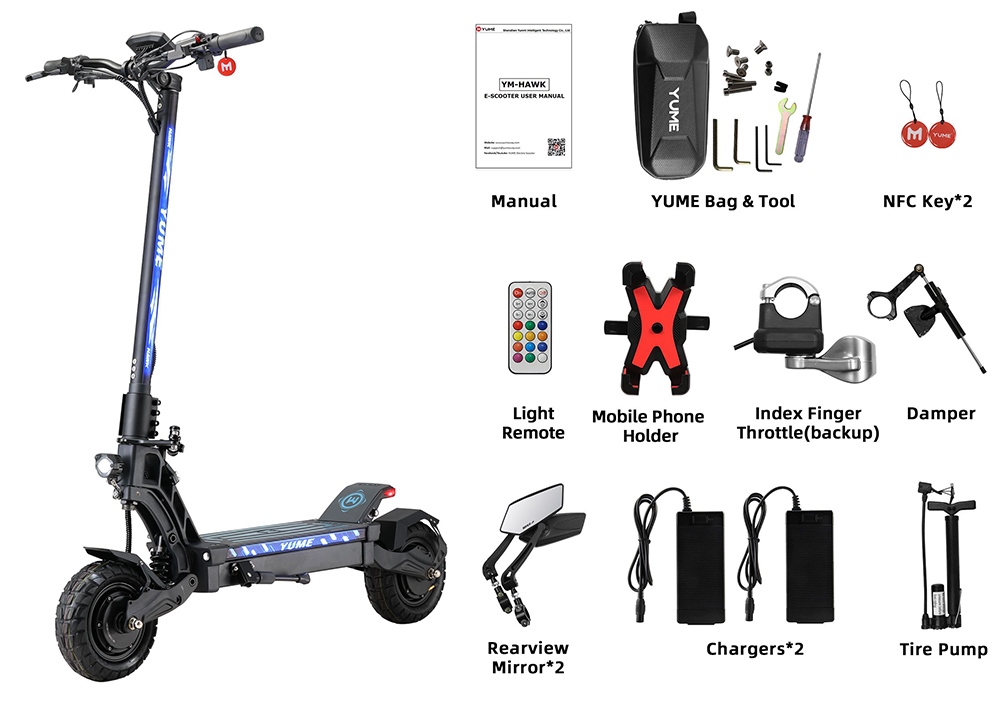 YUME HAWK Electric Scooter, 10x3.15" bezdušové terénne pneumatiky 1200W*2 Motor 60V 22.5Ah Batéria 43mph Max. rýchlosť 43mil Max. dojazd Hydraulické kotúčové brzdy 126kg Max. zaťaženie APP Control