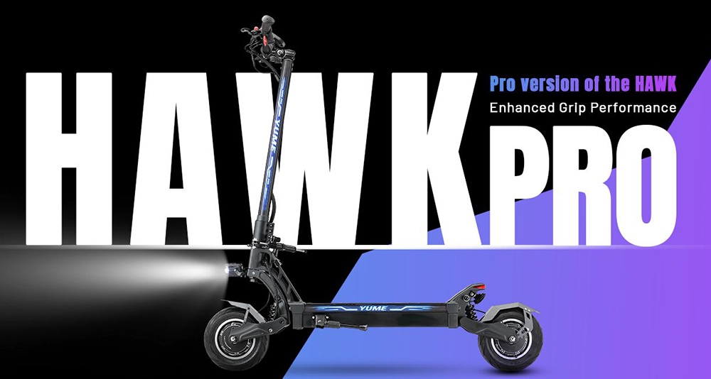 Elektrický skúter YUME HAWK Pro, 10x4.5" Bezdušové cestné pneumatiky 3000W*2 Motor 60V 30Ah Batéria 50mph Max. rýchlosť 60mil Max. dojazd 3 prevody Systém radenia Kotúčová brzda Nastaviteľné hydraulické odpruženie NFC APP Control