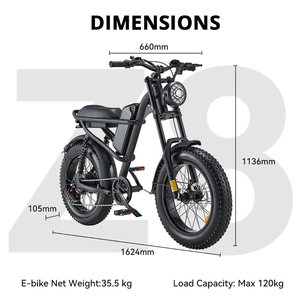 Z8 Electric Bike 20*4.0 inch CHAOYANG Fat Tire 48V 500W Motor 28MPH Max Speed 15Ah Battery 75 miles Max Range Dual Mechanical Disc Brake Shimano 7-Speed