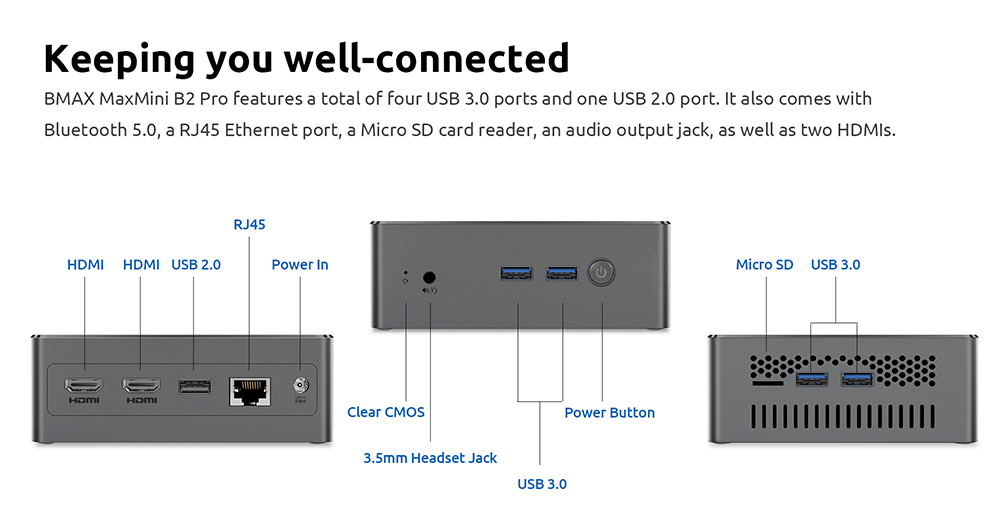 BMAX B2 Pro Mini PC, Intel N4105 Quad Core CPU Up to 2.5GHz, 8GB DDR4 256GB SSD, 4K 60Hz HDMI 2.0x2, USB 3.0x4, USB 2.0, Micro SD Card Slot, 3.5mm Audio, M.2 2280 SSD Slot, 2.4/5GHz Dual Wi-Fi, BT 5.0, RJ45 1000Mbps Ethernet, Windows 11 Pro
