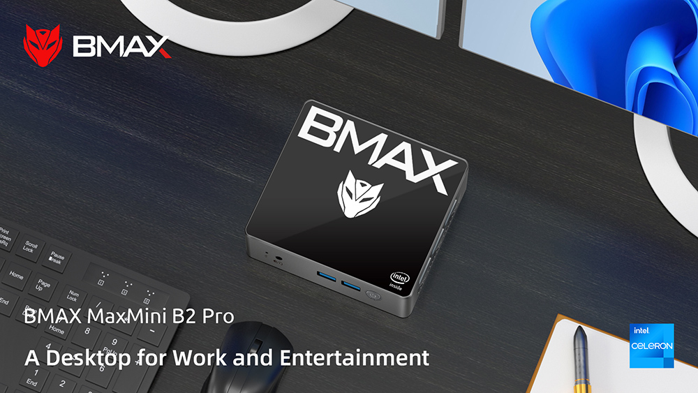 BMAX B2 Pro Mini PC, Intel N4105 Quad Core CPU Up to 2.5GHz, 8GB DDR4 256GB SSD, 4K 60Hz HDMI 2.0x2, USB 3.0x4, USB 2.0, Micro SD Card Slot, 3.5mm Audio, M.2 2280 SSD Slot, 2.4/5GHz Dual Wi-Fi, BT 5.0, RJ45 1000Mbps Ethernet, Windows 11 Pro