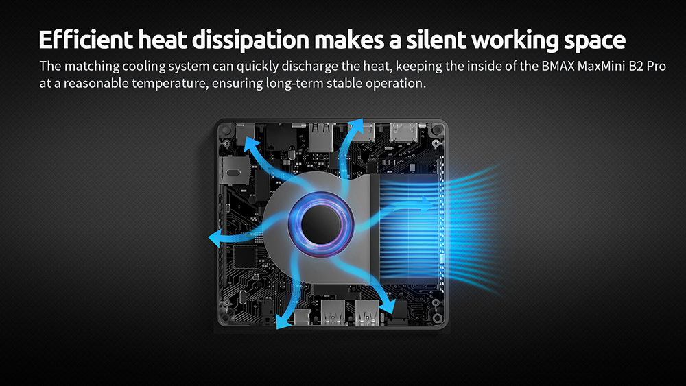BMAX B2 Pro Mini PC, Intel N4105 Quad Core CPU Up to 2.5GHz, 8GB DDR4 256GB SSD, 4K 60Hz HDMI 2.0x2, USB 3.0x4, USB 2.0, Micro SD Card Slot, 3.5mm Audio, M.2 2280 SSD Slot, 2.4/5GHz Dual Wi-Fi, BT 5.0, RJ45 1000Mbps Ethernet, Windows 11 Pro