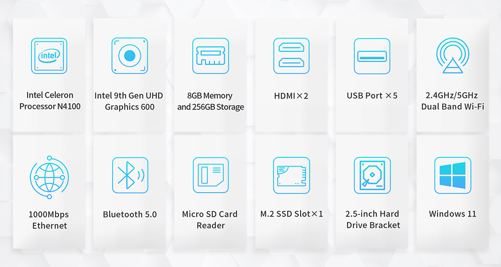 BMAX B2 Pro Mini PC, Intel N4105 Quad Core CPU Up to 2.5GHz, 8GB DDR4 256GB SSD, 4K 60Hz HDMI 2.0x2, USB 3.0x4, USB 2.0, Micro SD Card Slot, 3.5mm Audio, M.2 2280 SSD Slot, 2.4/5GHz Dual Wi-Fi, BT 5.0, RJ45 1000Mbps Ethernet, Windows 11 Pro