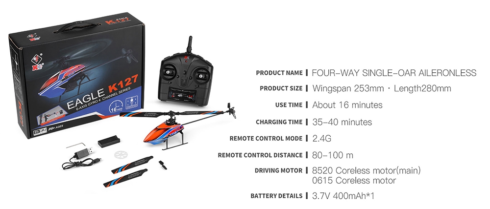 XK K127 4CH 6-Axis Gyro RC Helicopter Altitude Hold Flybarless RTF- One Battery