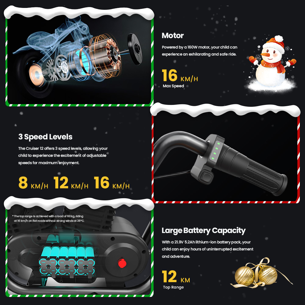 HYPER GOGO Cruiser 12 Electric Motorcycle for Kids 24V 5.2Ah Battery 160W Motor 10MPH Max Speed 12