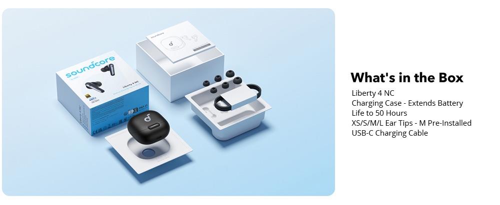 Soundcore Liberty 4 NC Earbuds TWS Headphones, Adaptive ANC 2.0, Bluetooth 5.3, IPX4 Waterproof, Fast Charging - Black