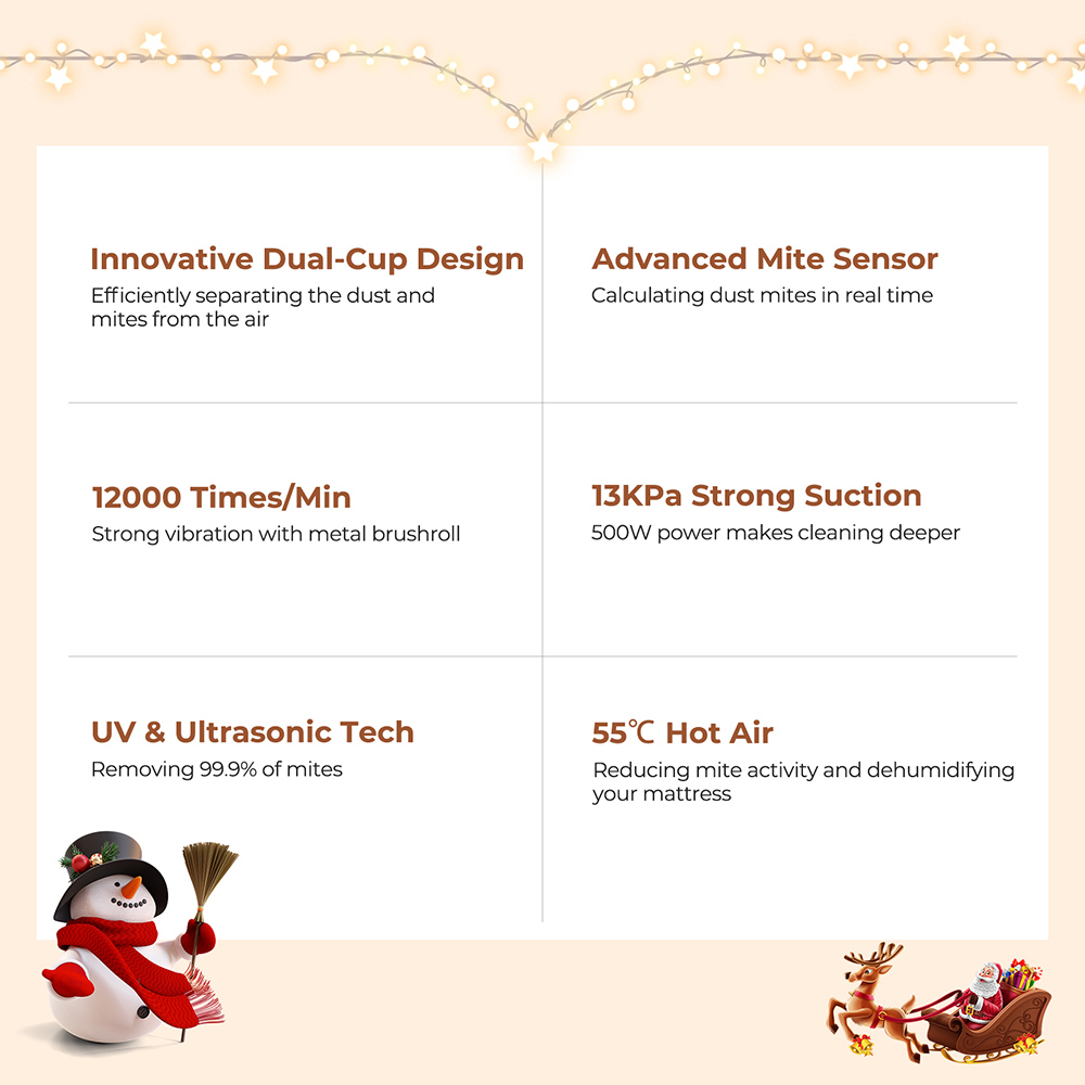 JIGOO J300 Dual-Cup Smart Mite Cleaner 13KPa Suction Dust Mite Sensor Metal Brushroll 55 Celsius Hot Air UV Light Ultrasonic Tech 99.9% Removing Mites 0.5L Dust Cup - White