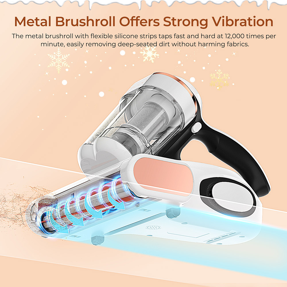 JIGOO J300 Dual-Cup Smart Mite Cleaner 13KPa Suction Dust Mite Sensor Metal Brushroll 55 Celsius Hot Air UV Light Ultrasonic Tech 99.9% Removing Mites 0.5L Dust Cup - White