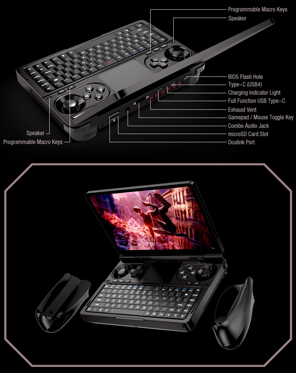 GPD WIN Mini 7-inch Handheld Gaming Console, AMD Ryzen 5 7640U, 120Hz Refresh Rate, 16GB RAM 512GB SSD, Full-Featured Type-C 65W Charging, Support Graphics Card Expansion Dock & USB4, Backlit Keyboard, 1*Oculink Port 1*microSD Card Reader - EU Plug