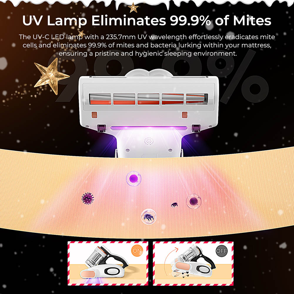 JIGOO J300 Dual-Cup Smart Mite Cleaner 13KPa Suction Dust Mite Sensor Metal Brushroll 55 Celsius Hot Air UV Light Ultrasonic Tech 99.9% Removing Mites 0.5L Dust Cup - White