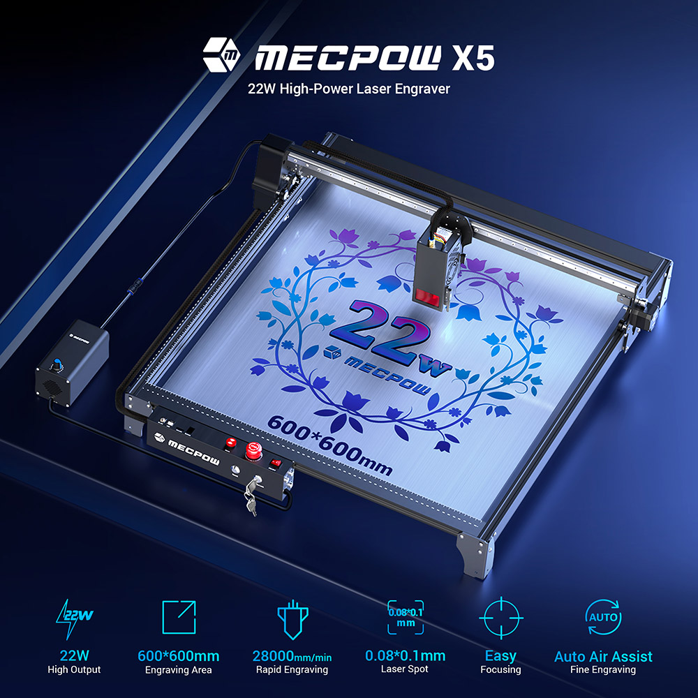 Mecpow X5 Laserová gravírovacia fréza, výkon lasera 22 W, automatický vzduchový asistent, laserový bod 0,08x0,1 mm, rýchlosť gravírovania 28000 mm/min, bezpečnostný zámok, núdzové zastavenie, detekcia plameňa, gravírovanie offline, 600x600 mm