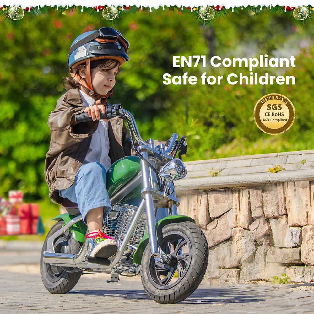 HYPER GOGO Challenger 12 Plus with App Electric Motorcycle for Kids 12'' Pneumatic Tires Bluetooth Speaker Fog - Green