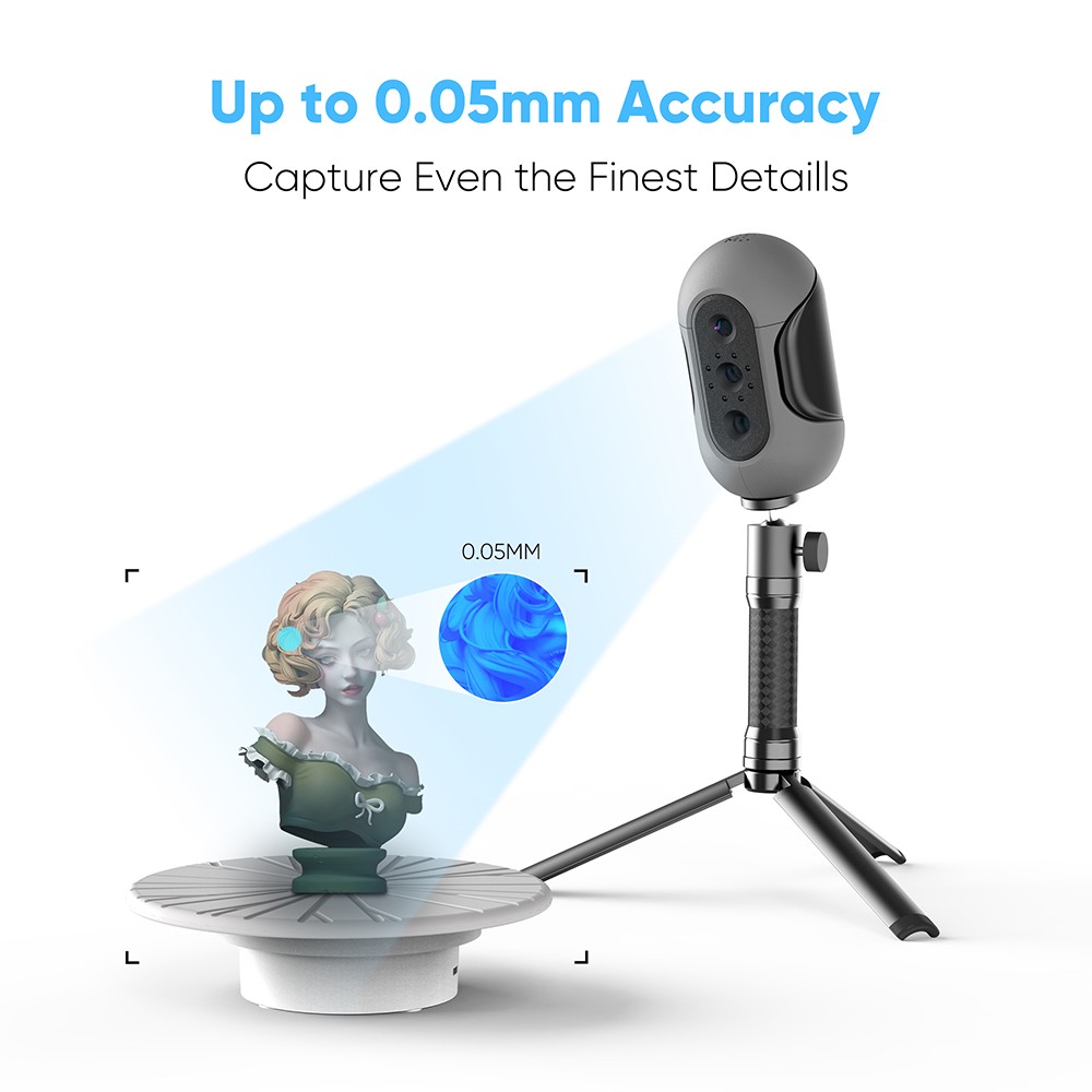 3DMakerpro Mole 3D Scanner Premium Edition, presnosť 0,05 mm, 0.Rozlíšenie 1 mm, snímková frekvencia 10 snímok za sekundu, vizuálne sledovanie, skenovanie tváre, ochrana proti chveniu, rozsah jedného snímania 200x100 mm, s otočným stolíkom