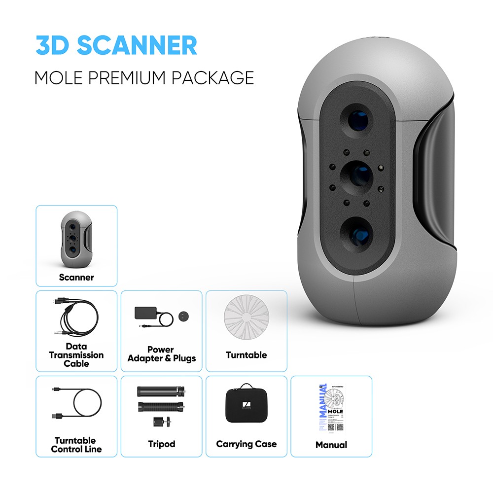 3DMakerpro Mole 3D Scanner Premium Edition, presnosť 0,05 mm, rozlíšenie 0,1 mm, snímková frekvencia 10 snímok za sekundu, vizuálne sledovanie, skenovanie tváre, ochrana proti chveniu, rozsah jedného snímania 200x100 mm, s otočným stolom