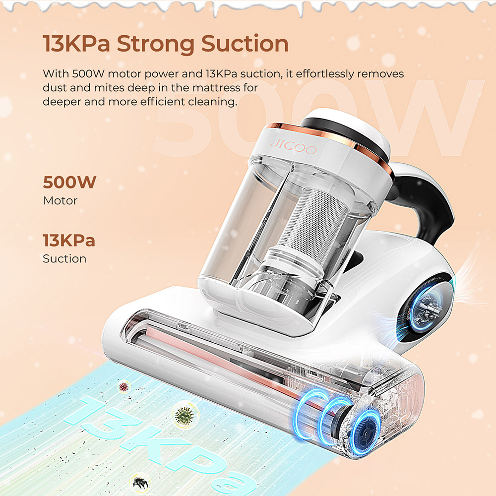JIGOO J300 Dual-Cup Smart Mite Cleaner 13KPa Suction Dust Mite Sensor Metal Brushroll 55 Celsius Hot Air UV Light Ultrasonic Tech 99.9% Removing Mites 0.5L Dust Cup - White