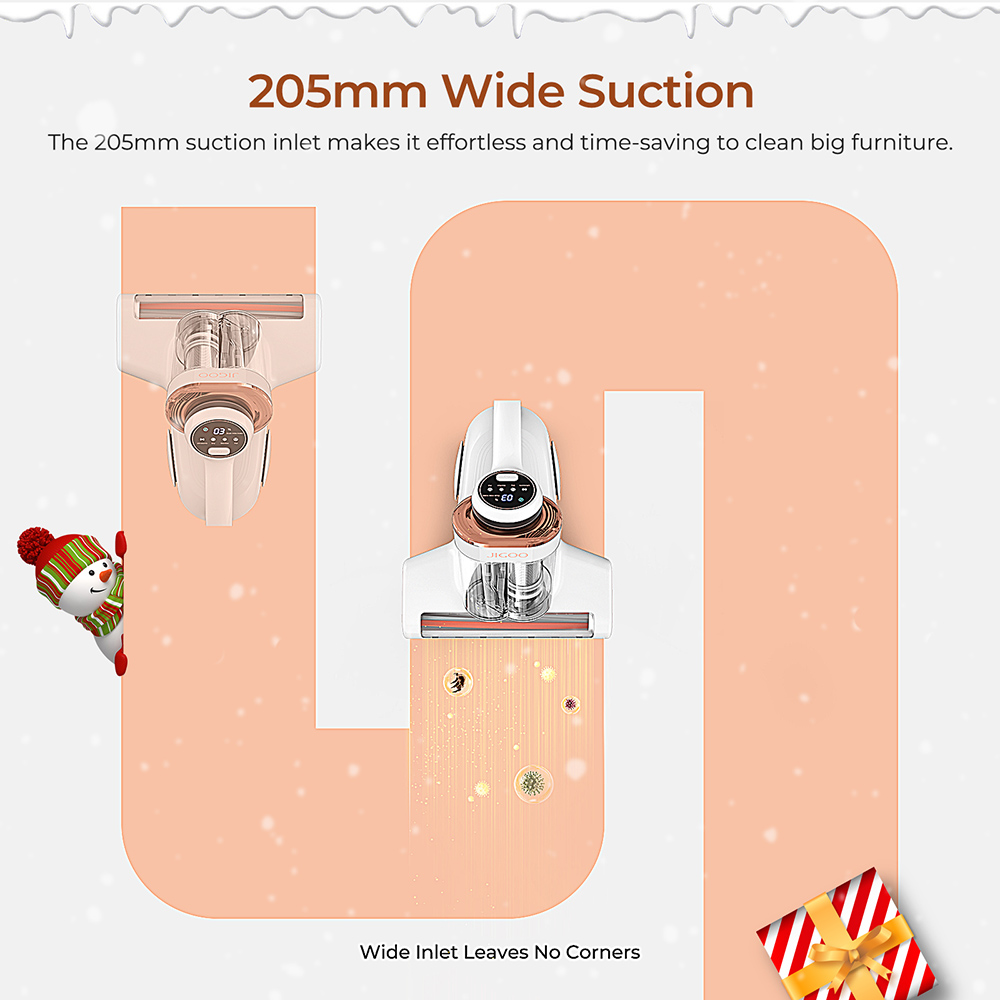 JIGOO J300 Dual-Cup Smart Mite Cleaner 13KPa Suction Dust Mite Sensor Metal Brushroll 55 Celsius Hot Air UV Light Ultrasonic Tech 99.9% Removing Mites 0.5L Dust Cup - White