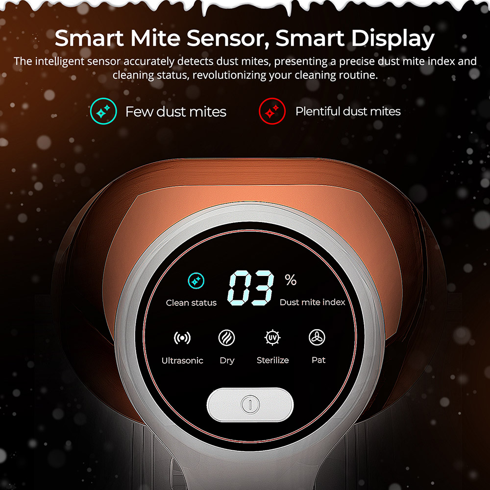 JIGOO J300 Dual-Cup Smart Mite Cleaner 13KPa Suction Dust Mite Sensor Metal Brushroll 55 Celsius Hot Air UV Light Ultrasonic Tech 99.9% Removing Mites 0.5L Dust Cup - White