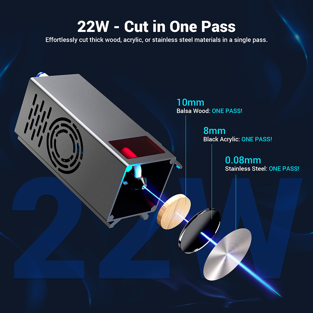 Mecpow X5 Laserová gravírovacia fréza, výkon lasera 22 W, automatický vzduchový asistent, laserový bod 0,08x0,1 mm, rýchlosť gravírovania 28000 mm/min, bezpečnostný zámok, núdzové zastavenie, detekcia plameňa, gravírovanie offline, 600x600 mm