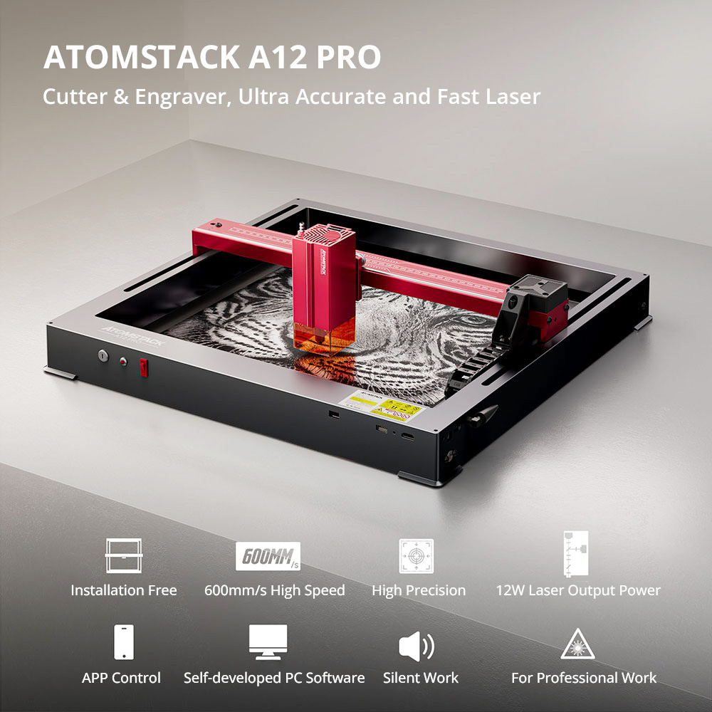 ATOMSTACK A12 PRO 12W laserová gravírovacia fréza, pevné zaostrenie, 0.02mm presnosť gravírovania, rýchlosť gravírovania 600mm/s, 32-bitová základná doska, krížové polohovanie lasera, ovládanie aplikácie, 365x305mm