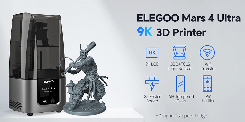 3D tlačiareň ELEGOO Mars 4 Ultra Resin, 7-palcový 9K mono LCD displej, rýchlosť tlače 30-70 mm/h, 4-bodové vyrovnávanie, uvoľňovacia fólia ACF, čistič vzduchu, pripojenie Wi-Fi, OS Linux, 153,36 × 77.76x165mm