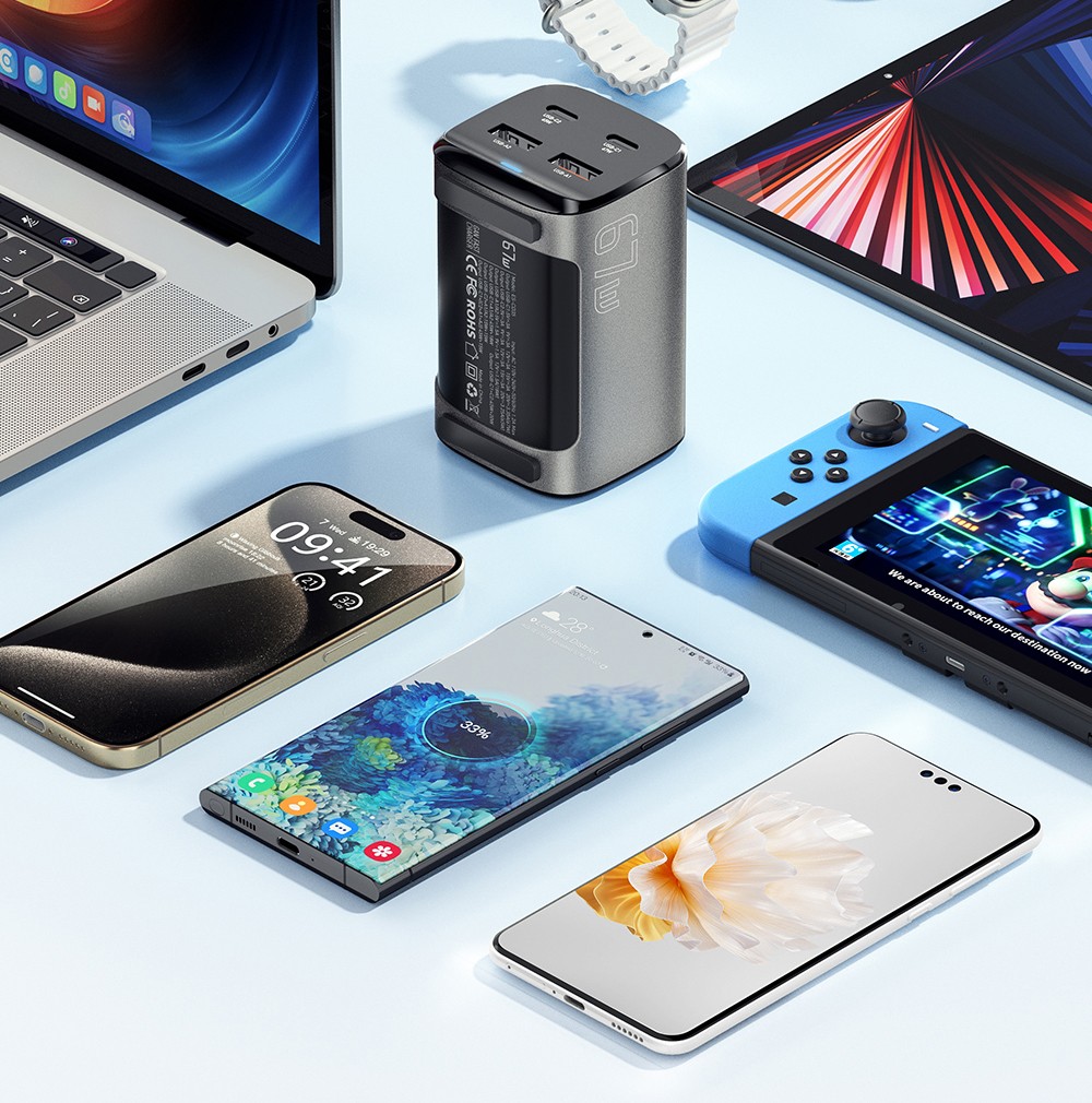 ESSAGER 67W GaN Desktop Charger, 2 USB-A + 2 Type-C, PD3.0 QC 3.0 Fast Charging, Intelligent Charging Protection, for MacBook Samsung POPC iPhone 15 Laptop - US Plug