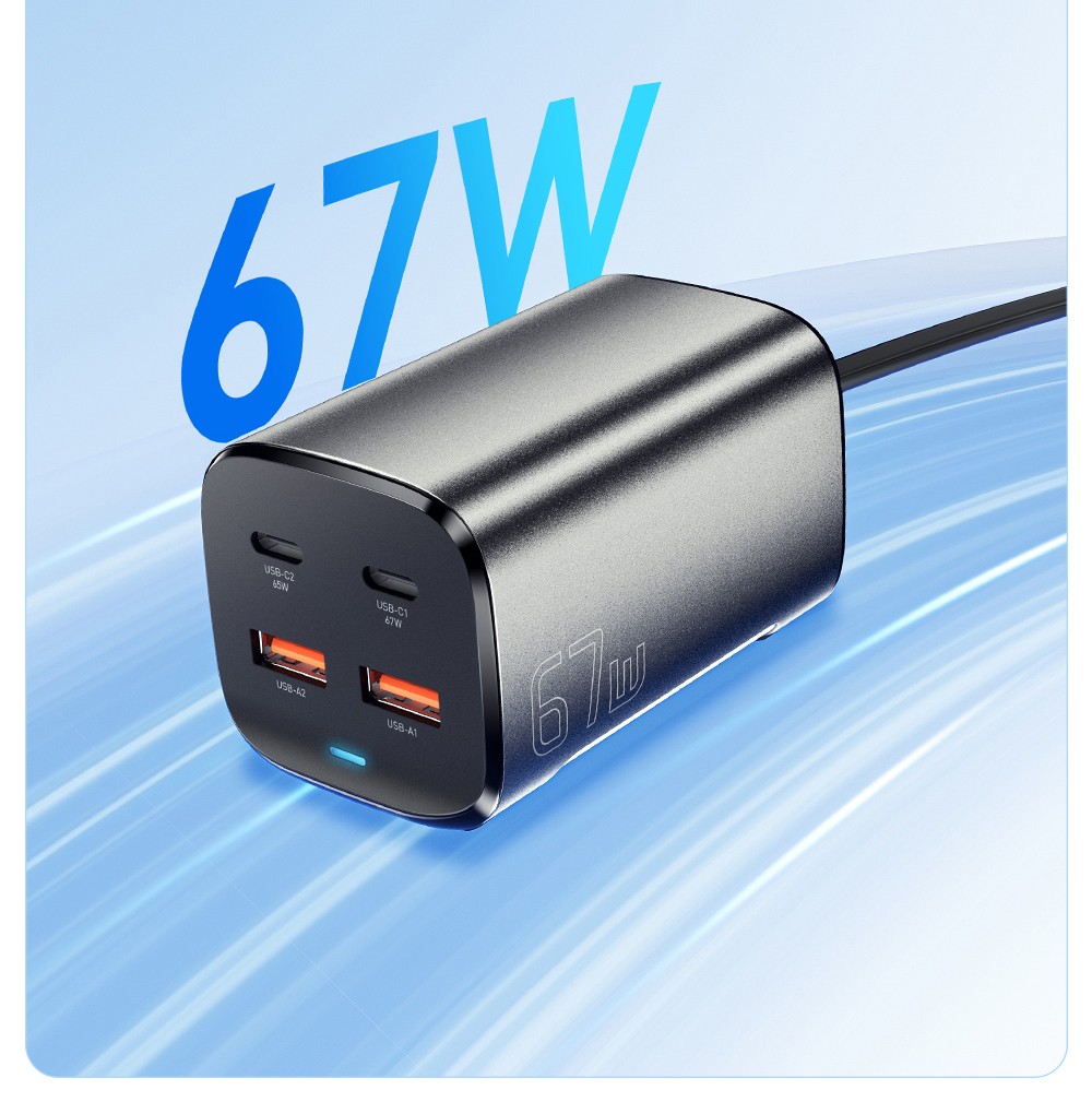 ESSAGER 67W GaN Desktop Charger, 2 USB-A + 2 Type-C, PD3.0 QC 3.0 Fast Charging, Intelligent Charging Protection, for MacBook Samsung POPC iPhone 15 Laptop - US Plug