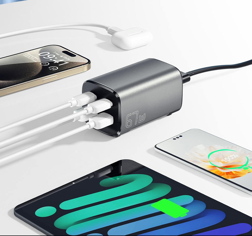 ESSAGER 67W GaN Desktop Charger, 2 USB-A + 2 Type-C, PD3.0 QC 3.0 Fast Charging, Intelligent Charging Protection, for MacBook Samsung POPC iPhone 15 Laptop - US Plug