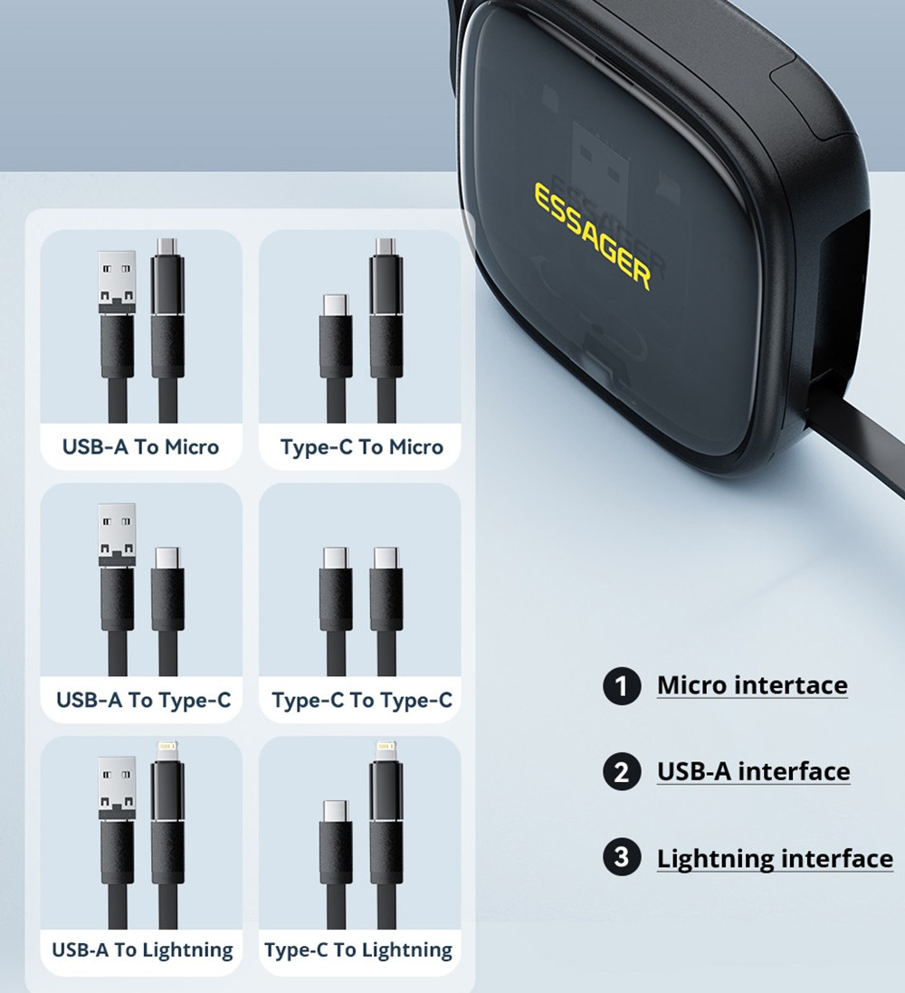 ESSAGER Type-C To Type-C Data Cable, USB Micro Lightning Connectors, PD 60W Fast Charging, 480Mbps Transmission Rate, Travel Multifunctional Charge Cord with Storage Box, for Laptops / Tablets / Mobile Phones - White