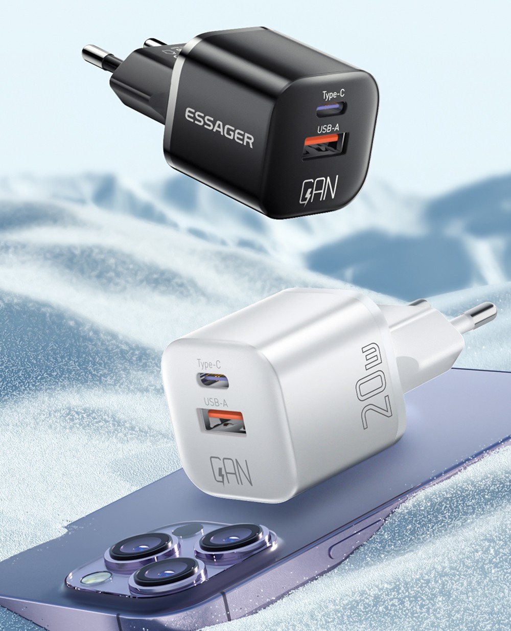 ESSAGER 20W GaN Charger, USB-A Type-C Dual Port, QC 3.0 PD 3.0 Quick Charging, EU Plug, for iPhone Huawei Samsung Mobile Phones Tablets - Black