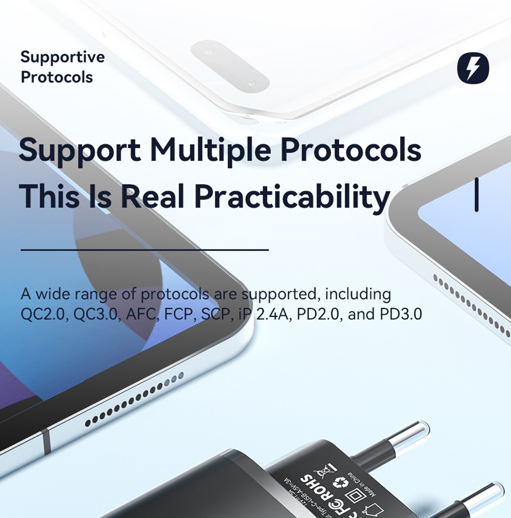 ESSAGER 20W GaN Charger, USB-A Type-C Dual Port, QC 3.0 PD 3.0 Quick Charging, EU Plug, for iPhone Huawei Samsung Mobile Phones Tablets - Black