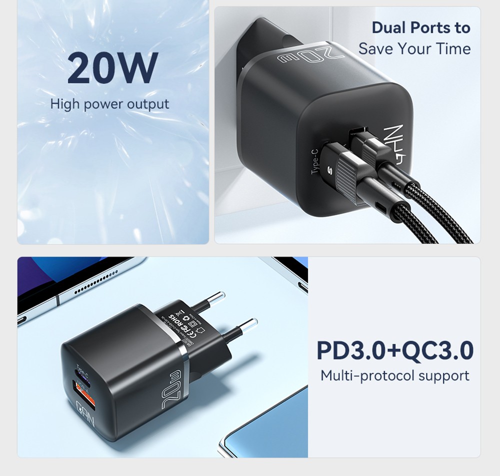 ESSAGER 20W GaN Charger, USB-A Type-C Dual Port, QC 3.0 PD 3.0 Quick Charging, EU Plug, for iPhone Huawei Samsung Mobile Phones Tablets - Black
