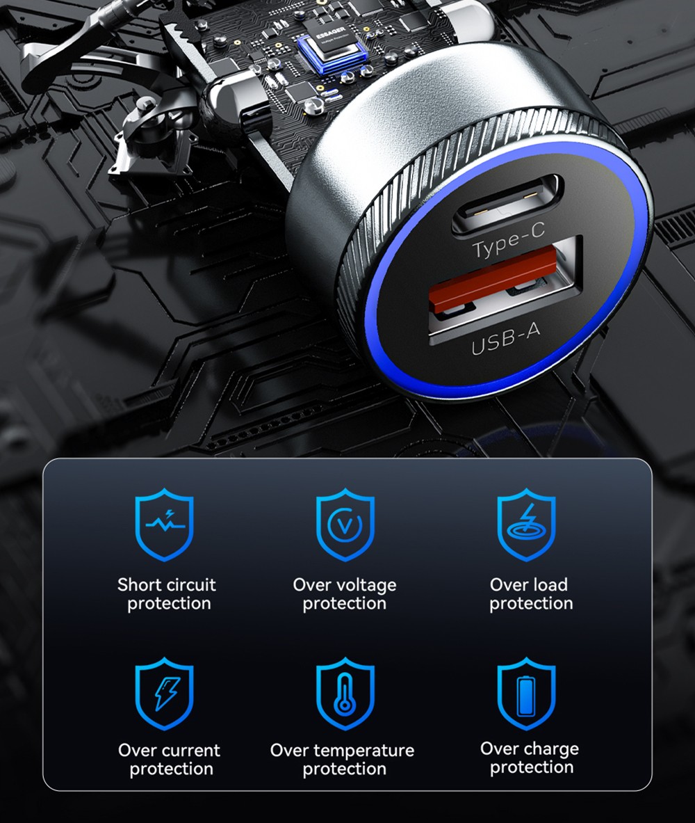 Essager 54W Car Charger, USB-A Type-C Dual Port, Support PD 3.0 / QC 3.0 / FCP / AFC Quick Charging, for iPhone Huawei Samsung Xiaomi Mobile Phones Tablets