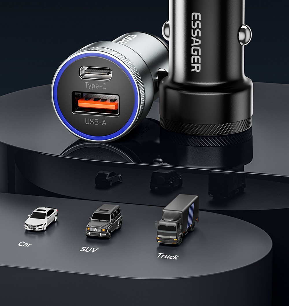 Essager 54W Car Charger, USB-A Type-C Dual Port, Support PD 3.0 / QC 3.0 / FCP / AFC Quick Charging, for iPhone Huawei Samsung Xiaomi Mobile Phones Tablets
