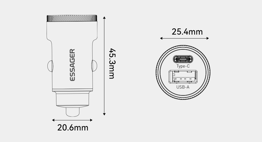 Essager 54W Car Charger, USB-A Type-C Dual Port, Support PD 3.0 / QC 3.0 / FCP / AFC Quick Charging, for iPhone Huawei Samsung Xiaomi Mobile Phones Tablets