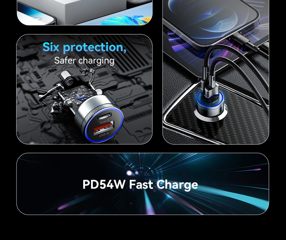 Essager 54W Car Charger, USB-A Type-C Dual Port, Support PD 3.0 / QC 3.0 / FCP / AFC Quick Charging, for iPhone Huawei Samsung Xiaomi Mobile Phones Tablets