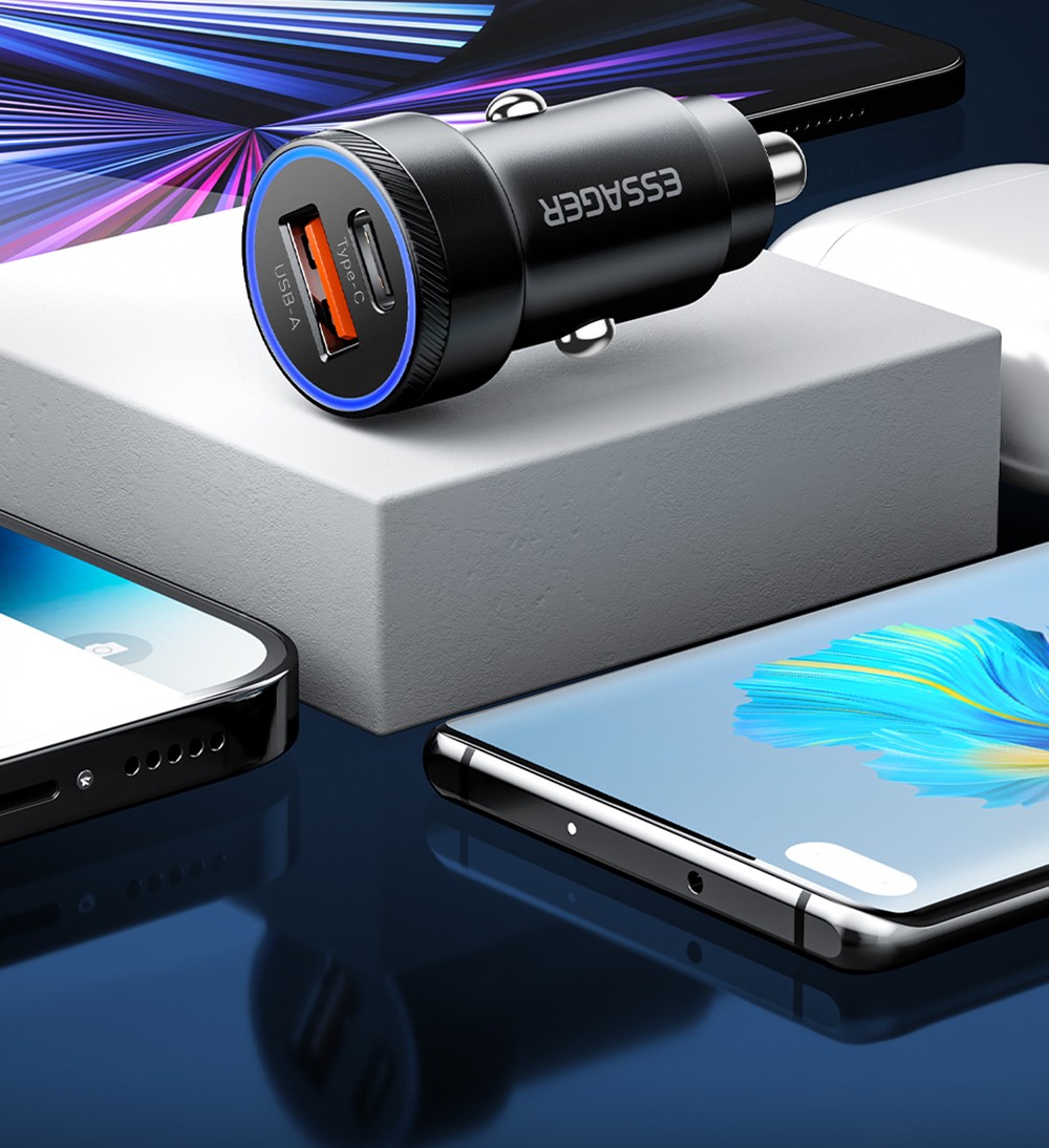 Essager 54W Car Charger, USB-A Type-C Dual Port, Support PD 3.0 / QC 3.0 / FCP / AFC Quick Charging, for iPhone Huawei Samsung Xiaomi Mobile Phones Tablets