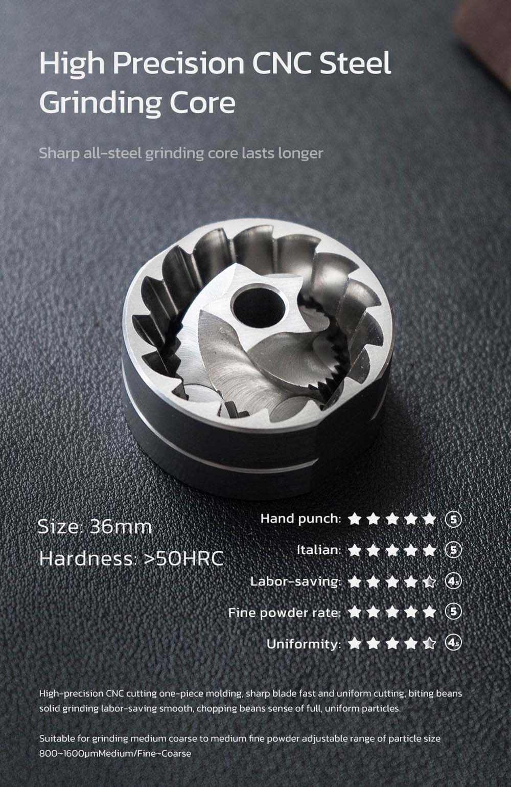 HiBREW G4A Prenosný ručný mlynček na kávu, 36 mm jadro, kovový zásobník na prášok, nastaviteľná presnosť, veľká kapacita 18 g