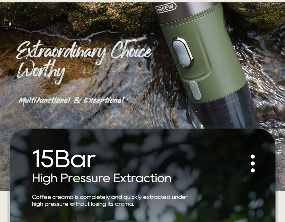 HiBREW H4B Bezdrôtový prenosný kávovar 3 v 1 na espresso, tlak 15 barov, nabíjateľná batéria 2200 mAh, s adaptérom Držiak na tašku na uskladnenie