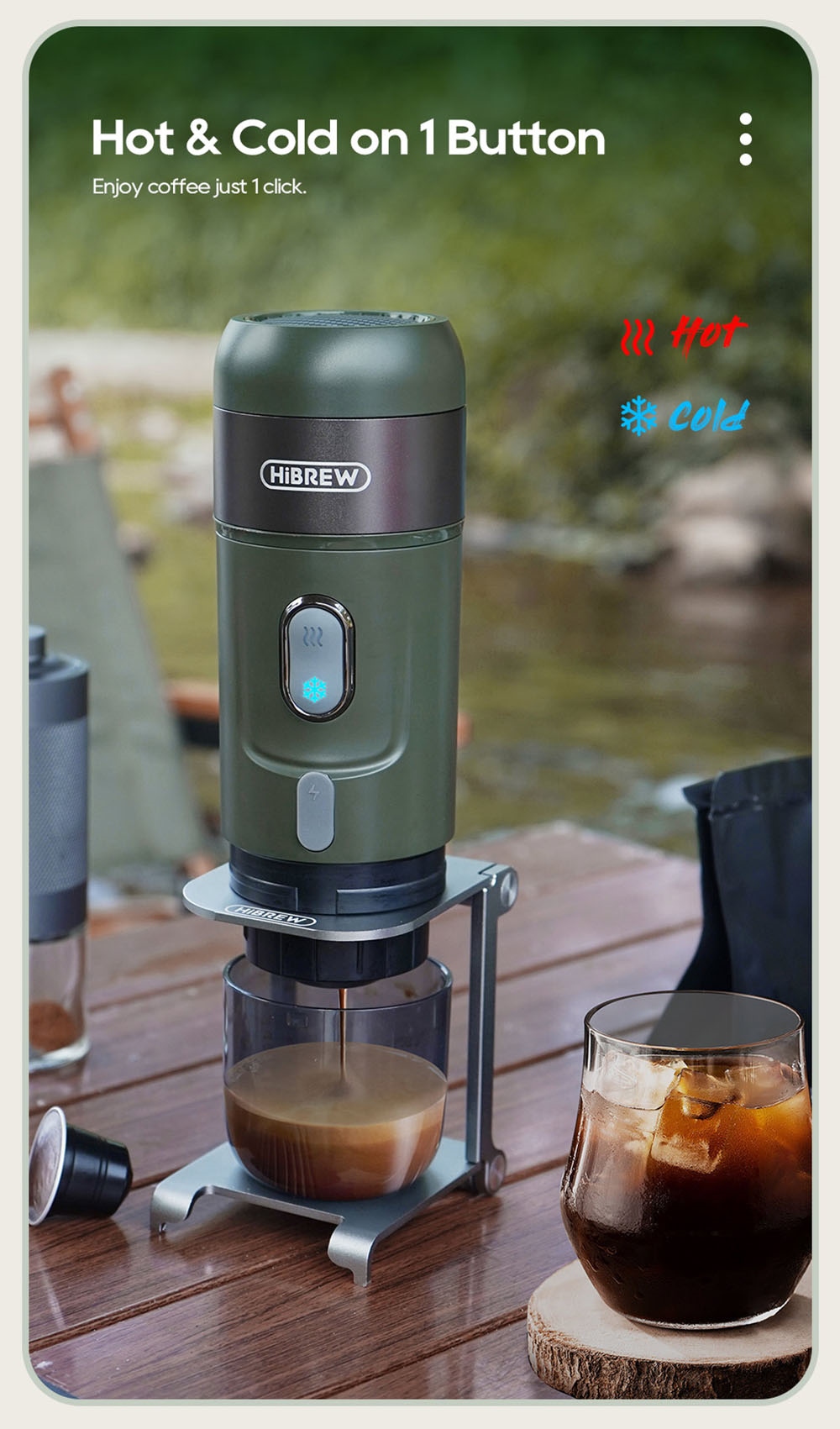 HiBREW H4B Bezdrátový přenosný kávovar 3 v 1 na espresso, tlak 15 barů, nabíjecí baterie 2200 mAh, s adaptérem Držák na tašku na uskladnění