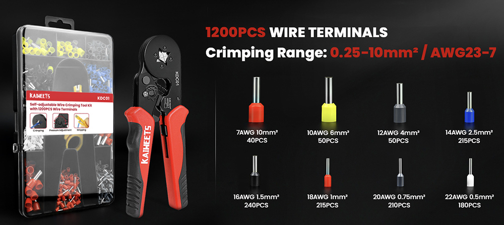 KAIWEETS KDC01 Sada nástrojov na lisovanie drôtov, AWG 23-7, samonastaviteľná, s 1200ks drôtených svoriek