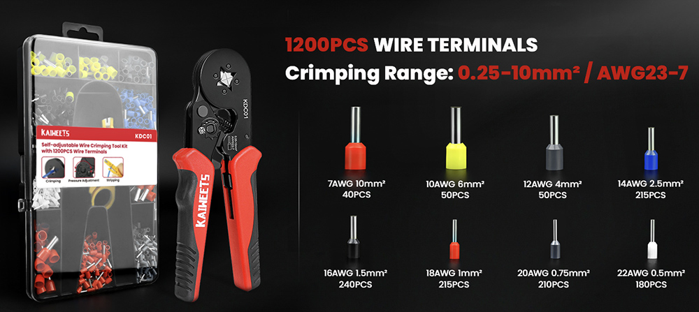 KAIWEETS KDC01 Wire Crimping Tools Set, AWG 23-7 Self-Adjustable, with 1200pcs Wire Terminals