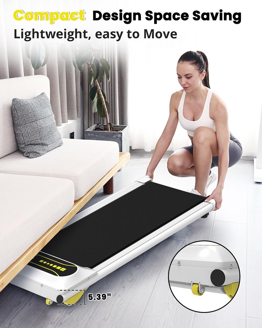 KRD Q22 Walking Pad Under Desk Treadmill, 2.25HP Motor, 265 lbs Weight Capacity, 1-6KM/H Speed, P1-P12 Program, Remote Control, LED Display - White