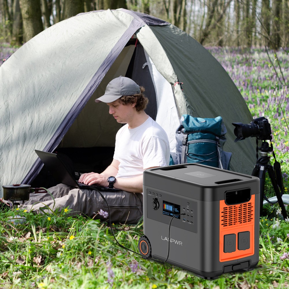 LANPWR 2500W Portable Power Station, 2160Wh LifePo4 Solar Generator, 15W Wireless Charging, 14 Outlets, 65 Mins AC Fast Charging, for Balcony Solar System, Camping, RV Trip, Outdoor Party, Home Use - Black and Orange