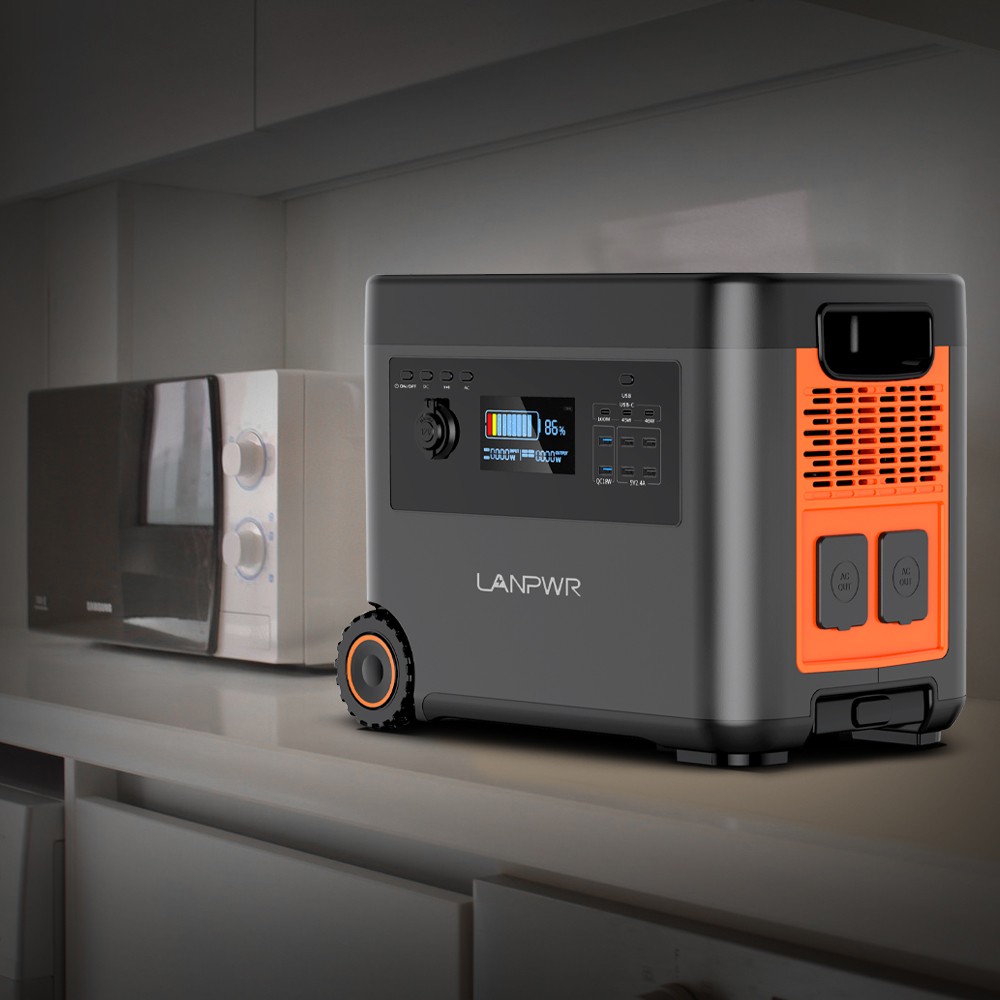 LANPWR 2500W Portable Power Station, 2160Wh LifePo4 Solar Generator, 15W Wireless Charging, 14 Outlets, 65 Mins AC Fast Charging, for Balcony Solar System, Camping, RV Trip, Outdoor Party, Home Use - Black and Orange